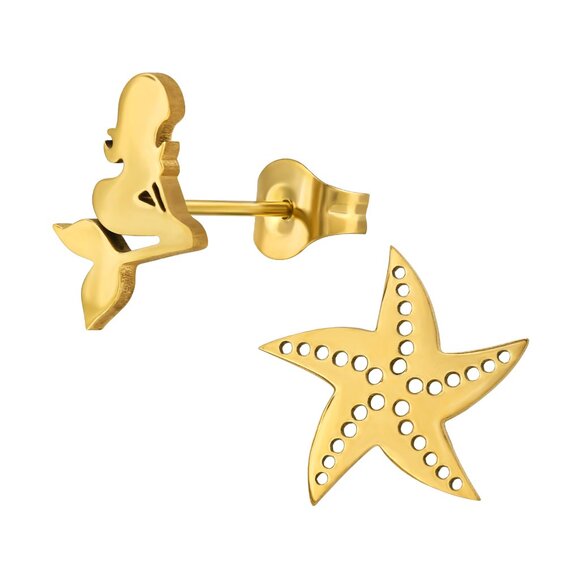 Gold Stainless Steel Starfish and Mermaid Earrings - Picture 1 of 8